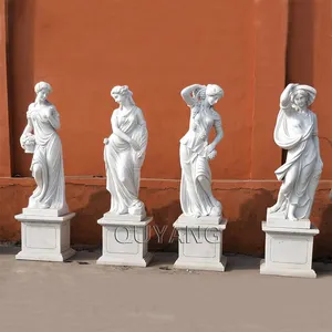 QUYANG हाथ नक्काशीदार जीवन आकार आउटडोर सफेद पत्थर ग्रीक देवी मूर्तिकला उद्यान सजावट संगमरमर चार सत्रों मूर्तियों