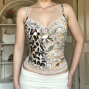 Camisola con estampado de leopardo y encaje para mujer, top sin mangas de punto, ajustado, informal, de moda para verano - Product Image 2
