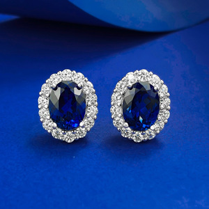 New Blue Created Sapphire Halo Boucles d'oreilles en argent sterling 925 ovale <span class=keywords><strong>saphir</strong></span> boucles d'oreilles - Product Image 1