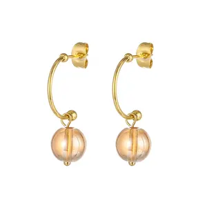 18K Gold Plated Stainless Steel Jewelry Glass Stone Ball Bead Dangling Drop Stud Earrings 2023