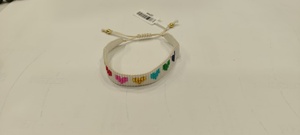 Bracelet artisanal Sstringz en perles Miyuki Delica multicolores sur base blanche avec cœurs dorés, rouges, roses, turquoise, verts et bleu marine - Product Image 4