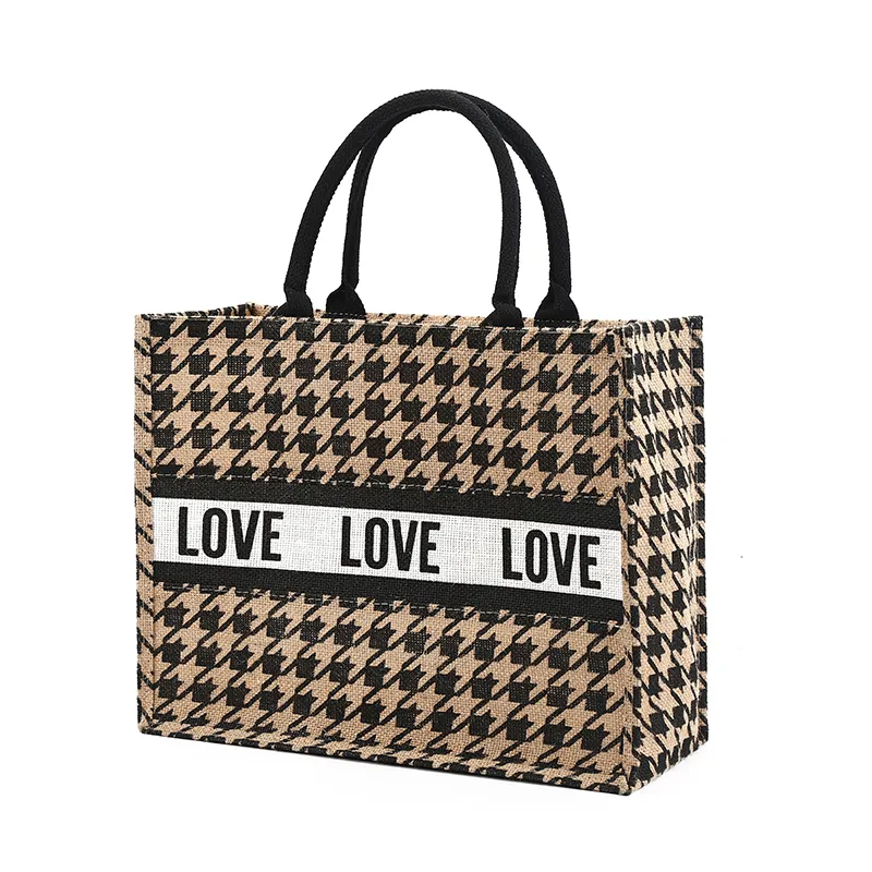 Fashion Women Luxury Jute Handbags for Beach Vintage Gird Printing Shoulder Bags Daily Use Female Leopard Shopping Tote bag