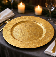Assiette de présentation ronde en plastique dorée à motifs floraux, décorative, pour la décoration de table de mariage ou de banquet