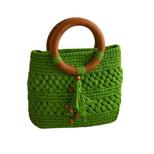 Bolso de Mano Portátil Bohemio de Ganchillo Hecho a Mano Verde de Lujo, Asa de Anillo de Madera, Bolso Tote Cruzado de Punto Texturizado para Mujer, Verano - Product Image 1