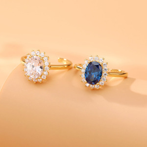 Anillo ajustable de compromiso de zafiro ovalado chapado en oro de Plata de Ley 925 de alta calidad para mujer - Product Image 5