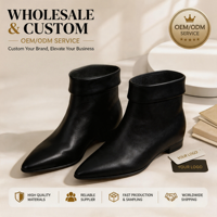 Bottines personnalisables pour femmes à bout pointu en cuir de veau ciré avec revers pliable, doublure plate couleur café, faible MOQ, bottes en cuir tendance