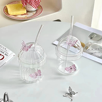 Mug en verre créatif pour café glacé, avec décoration papillon 3D, 13 oz, avec couvercle et paille, pour jus et bière