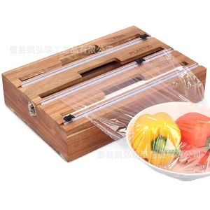 Cortador de film transparente de bambú y madera, caja de corte multifuncional seis en uno para cocinas domésticas, papel de aluminio y papel pergamino - Product Image 1