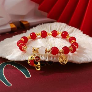Chinese Style Koi Fish <b>Bracelet</b> <b>Red</b> Agate Beaded Women's Fortune Charm Everyday Wear Jewelry - Product Image 1