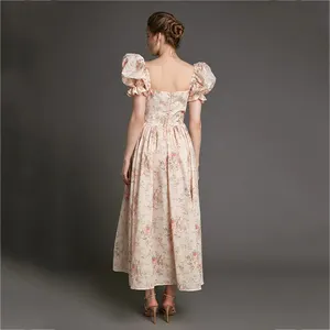 2024 New Boho Dresses Women Summer Arrival Polyester Cotton Custom Dress Ladies Puff Sleeve Dress Elegant Women