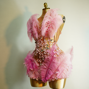 Justaucorps Rose Rêve en Plumes d'Autruche 3D avec Strass en Cristal Floral pour Spectacle Scénique, Drag Queen, Showgirl - Vente en Gros - Product Image 3
