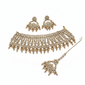 Luxury Rhodium Plated Zircon Choker Necklace Set Earrings Maang Tikka Ethnic <b>Indian</b> Bridal Jewelry Engagement Weddings Parties - Product Image 2