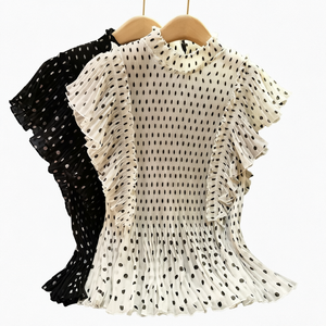 Blusa de Gasa con Estampado de Lunares para Mujer, con Mangas con Volantes y Diseño Plisado, Corte Holgado, Primavera-Verano - Product Image 1