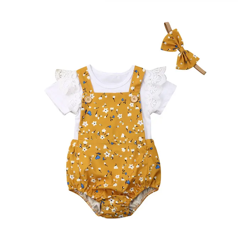 New Design Summer Solid Ruffle Sleeve Romper Yellow Broken Flower Suspender Triangle Romper Baby Girl Set