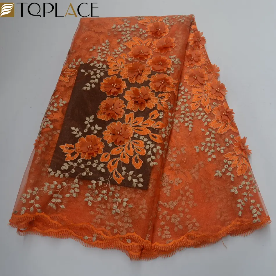 Orange color african fabrics 3d flower lace embroidered french fabric for aso ebi