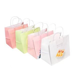 Bolsa de papel Kraft personalizada Dinosource, materiales reciclados, mango largo a mano, impresión Offset, regalos confiables para venta minorista de alimentos - Product Image 1