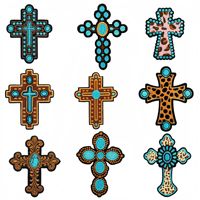 Patchs thermocollants brodés tendance motif croix turquoise style western, et patchs à coudre motif croix marron et turquoise avec imprimé léopard pour veste