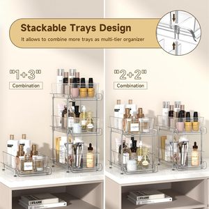 Organisateur de comptoir coulissant à <span class=keywords><strong>2</strong></span> niveaux en plastique transparent CF pour sous-évier, cuisine, garde-manger, armoire à pharmacie, rangement de salle de bain avec séparateurs - Product Image 4