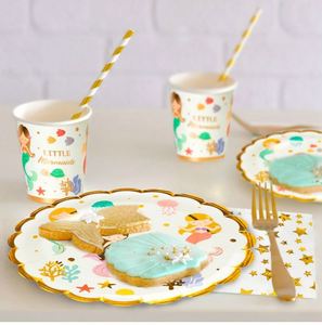 Feuille d'or sirènes vaisselle jetable enfants 1er joyeux <span class=keywords><strong>anniversaire</strong></span> fête gobelets en papier/<span class=keywords><strong>assiette</strong></span>/serviette bébé douche fête fournitures - Product Image 4
