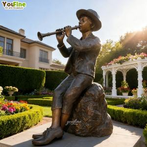 YOUFINE Tamaño Real Jardín al aire libre decoración fundición arte bronce niño tocando flauta estatua escultura - Product Image 3