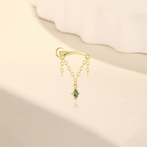 Pendiente Individual de Ágata Musgo Verde Natural, Plata de Ley S925 Chapada en Oro, Elegante Diseño de Rombo con Parte Trasera Plana, Joyería para Piercing - Product Image 2