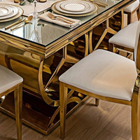 Table à manger rectangulaire en verre miroir de luxe léger, base en acier inoxydable plaqué or, démontable et assemblable, livraison directe