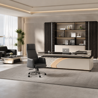 Bureau de direction haut de gamme en forme de L pour PDG, table de bureau artistique avec armoire latérale et éclairage LED pour projets d'entreprise