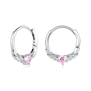 Boucles d'oreilles Huggie plaquées argent avec design d'ailes en cristal en forme de cœur rose pour femmes, bijoux mignons à la mode, cadeau - Product Image 1