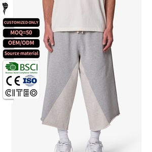Shorts de survêtement pour hommes, coupe large, longueur courte, bicolore gris beige, à empiècements diagonaux, avec cordon de serrage et ourlet brut, personnalisable OEM - Product Image 1