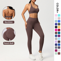 Yoga-set voor dames, 2-delig, halternek, naadloze, hoge taille, nylon-spandex, ademend, actief stretchmateriaal, effen voorzijde