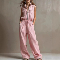 Ensemble décontracté d'été 2026 pour femme : Sweat-shirt sans manches zippé et pantalon droit de sport, couleur unie, coupe ample