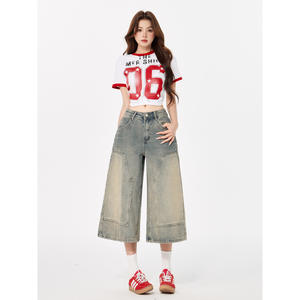 Pantalones vaqueros recortados Retro de verano para mujer, pantalones de pierna recta de cintura alta azul nostálgico, diseño de pierna ancha transpirable, cómodos para perezosos - Product Image 4