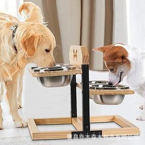 Soporte de madera para comedero de mascotas, elevado, para perros y gatos, con tazones de acero inoxidable, altura ajustable, comedero para perros - Product Image 2