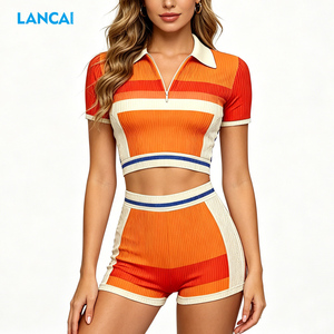 2026 Women's 2 Piece Outfit Striped Ribbed Polo Crop Top High Waist Biker Shorts Set Retro Sportswear Casual Matching Tracksuit - Product Image 3