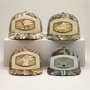 Custom Design Leather Patch Embroidery Logo 7 Panel <strong>Hats</strong> Flat Brim Mesh Trucker <strong>Hat</strong> Digital Printing Animal Camo Snapback Caps - Product Image 3