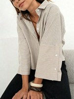 Chemisier en jean rayé pour femme, coupe oversize, court, épaules tombantes, manches trois-quarts, col boutonné, décontracté, style navetteur