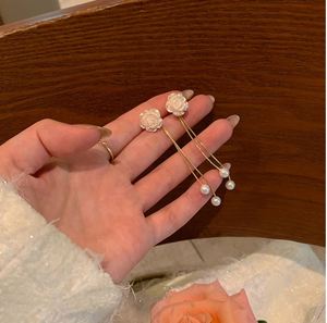 Korean INS Trend Luxury Gold Plated Zinc Alloy Long Tassel Pearl Flower Camellia Drop <b>Earrings</b> Jewelry for Women - Product Image 3