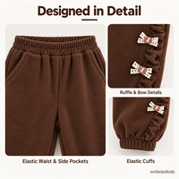 Smiledotkids Pantalon de jogging personnalisé pour enfants, marron, avec nœud perlé et volants, doux, OEM ODM, pour petites filles, vente en gros