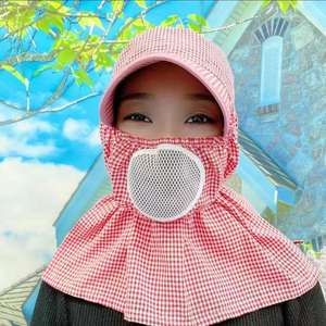 Sombrero de pescador a cuadros de algodón para mujer con cubre cuello, transpirable, protección solar para uso en exteriores en primavera y verano - Product Image 3