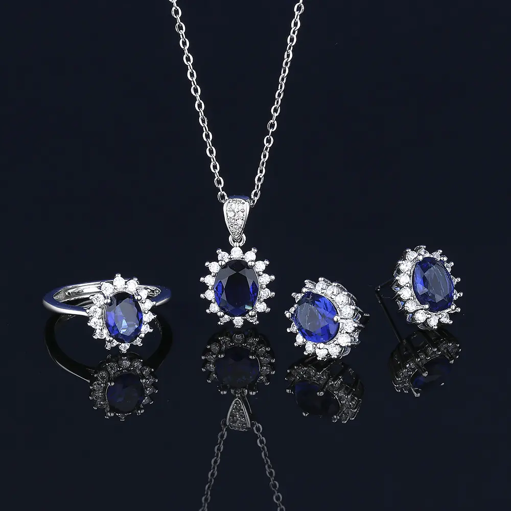 Phụ nữ công chúa màu xanh sapphire đồ trang sức mặt dây chuyền vòng cổ bông tai thiết lập cho phụ nữ công chúa Diana kate middleton của bộ đồ trang sức