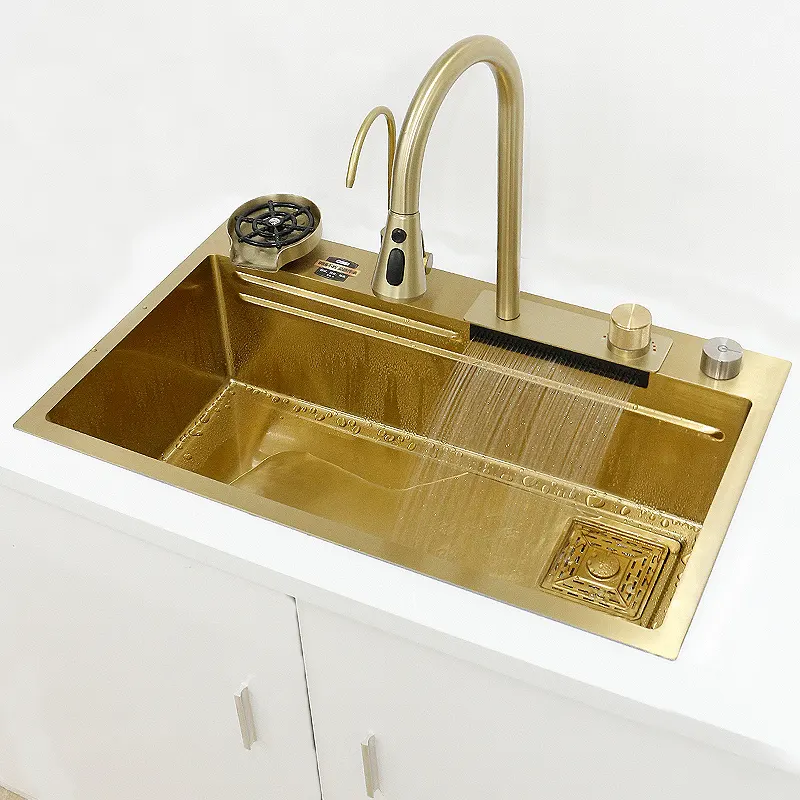 Küchenspüle Waschbecken großer Wasserfall Einzelbecken-Küchenspüle Gold Multifunktions-Edelstahl-Luxus-Modernhotel 3 Jahre 3,0 mm