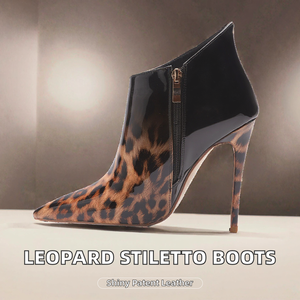 Botines de Piel Sintética con Estampado de Leopardo, Punta Puntiaguda, Tacón de Aguja, Cierre de Cremallera, Botas de Moda para Mujer - Product Image 2