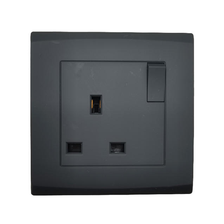 British Standard PC Black 250V 13A Round 3 Pin Switch Wall Socket With Neon Indicator Light