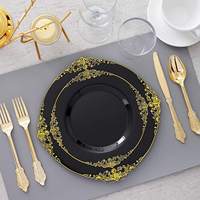 Service de vaisselle jetable Baroque pour mariage, desserts et apéritifs, assiettes en plastique transparent avec bord doré, tasses, serviettes, fourchettes