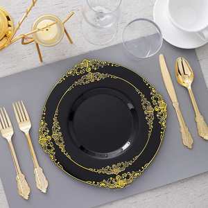 Service de vaisselle jetable Baroque pour mariage, desserts et apéritifs, assiettes en plastique transparent <span class=keywords><strong>avec</strong></span> bord doré, tasses, serviettes, fourchettes - Product Image 5