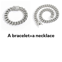 BESXL0342 Ensemble collier et bracelet en acier inoxydable 14 mm avec fermoir glacé doré, bracelet cubain argenté pour hommes, idéal pour les soirées