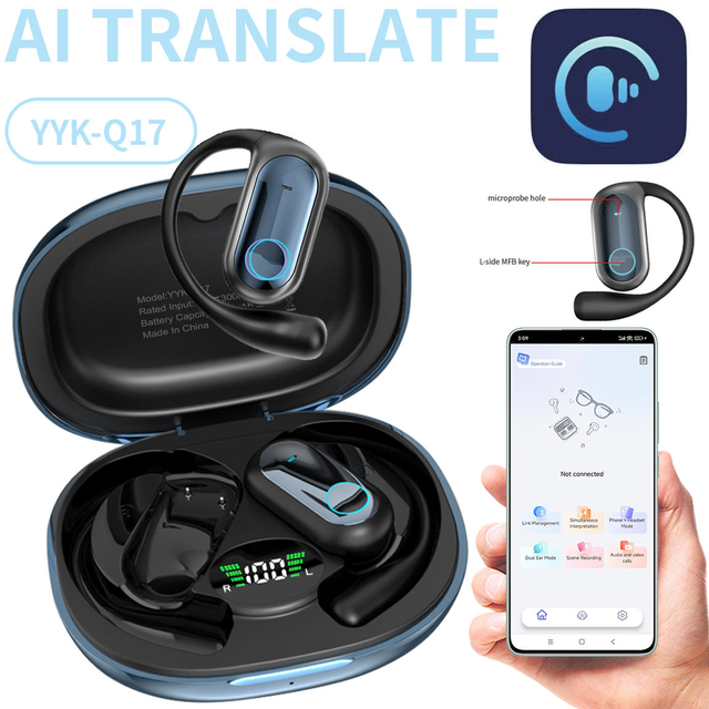 Yyk-q17 Royal Blue Electroplating Ear Hook Sports Earbuds Ai Translation Earphones with Dual Mics for Call Noise Reduction