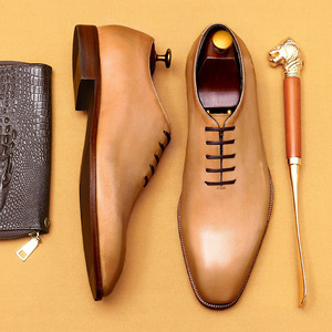 Hecho a mano de cuero genuino verde de los hombres de punta estrecha Oxfords Formal Oficina de negocios zapatos de boda con cordones transpirables antideslizantes - Product Image 3