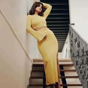 Women Knitwear Two Piece <b>Set</b> Round Neck Sweater With Slit Long Skirt Solid Color Breathable Fashionable Sexy Waist Revealing - Product Image 2