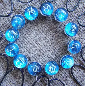 European American Black Rope Glas Edelstein Halsketten, Blue 12 Zodiac Luminous Anhänger Halskette für Frauen Paar Geschenk